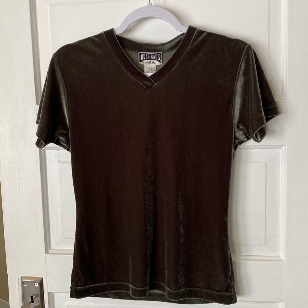 Road Rags Jean Co. MAURICES 90’s Velour Velvet Tee Top Olive Green Y2K Small